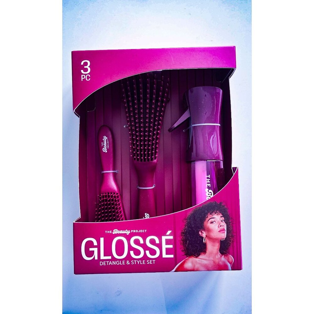 Beauty Project Glossé Detangle Hair Brush Set Spray Bottle 3pc Styling Kit
